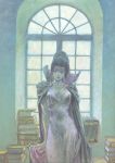  absurdres black_hair book cape circlet dress earrings highres jewelry karla_(record_of_lodoss_war) lipstick long_hair no_bra ponytail record_of_lodoss_war scan smile solo standing window witch wizard yuuki_nobuteru 