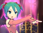  1girl bat_wings blue_eyes detached_sleeves elbow_gloves fingerless_gloves gloves hair_ribbon hatsune_miku headphones headset heart_hunter otoutogimi project_diva ribbon short_hair solo twintails vocaloid wings world_is_mine_(vocaloid) 