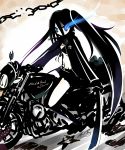  belt bikini_top black_hair black_rock_shooter black_rock_shooter_(character) blue_eyes blush boots chain chains eatbara front-tie_top gloves glowing glowing_eyes highres jacket katana knee_boots long_hair midriff motor_vehicle motorcycle pale_skin scar short_shorts shorts solo star stitches sword twintails uneven_twintails vehicle very_long_hair weapon 