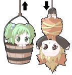  blonde_hair blush_stickers bow bucket chibi directional_arrow girl_in_bucket green_eyes green_hair hair_bobbles hair_bow hair_ornament hanging in_bucket in_container kisume kurodani_yamame meta36 meta_ooyake multiple_girls open_mouth short_hair touhou twintails upside-down 