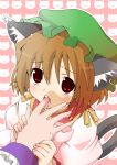  animal_ears brown_hair cat_ears cat_tail chen earrings finger_licking finger_suck hat jewelry licking multiple_tails red_eyes short_hair tail touhou yakumo_ran 