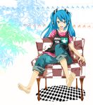  blue_eyes blue_hair casual chair feet hatsune_miku headphones highres jeans long_hair sitting smile soles toes twintails vocaloid yato 