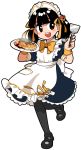  black_hair black_legwear black_pantyhose brown_eyes curry food maid mitsumoto okonomiyaki original pantyhose plate ribbon solo spatula 