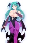  1girl aqua_eyes aqua_hair bare_shoulders bat_print bat_wings black_leotard breasts bridal_gauntlets capcom cleavage clothing_cutout collarbone cutout cutout_above_navel demon_girl elbow_gloves female gloves hand_on_own_chest head_wings headwings heart heart_cutout highleg highleg_leotard large_breasts leotard long_hair morrigan_aensland off-shoulder_leotard off_shoulder pantyhose parted_bangs patterned_legwear print_legwear purple_legwear purple_pantyhose smile solo standing_on_one_leg strapless strapless_leotard succubus tonbidou vampire_(game) wings 