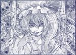  face flandre_scarlet graphite graphite_(medium) hand_on_own_face hat looking_at_viewer monochrome ponytail sakino_shingetsu side_ponytail skull solo touhou traditional_media wings 