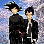  2boys black_hair cherry_blossoms cross_necklace dragonball dragonball_z school_uniform short_hair son_goku vegeta 