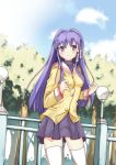  1girl absurdres clannad fujibayashi_kyou haihovothan highres long_hair purple_hair school_uniform thigh-highs violet_eyes 