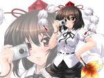  asu_hare black_hair blush brown_hair camera fan hand_on_hip hands hat pom_pom_(clothes) red_eyes shameimaru_aya short_hair solo tokin_hat touhou zoom_layer 