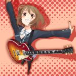  brown_eyes brown_hair foreshortening from_above grin guitar hair_ornament hairclip highres hirasawa_yui ichijou_tatami instrument k-on! outstretched_arms pantyhose school_uniform short_hair smile solo spread_arms tatami_itizyou 
