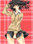  1girl amagami black_hair blush mas messy_hair open_collar pleated_skirt school_uniform skirt skirt_lift solo sweater tanamachi_kaoru wink 