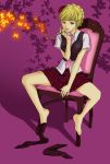  bad_id barefoot beatrice blonde_hair blue_eyes butterfly chair feet kiseru necktie pipe sitting skirt spread_legs striped striped_legwear striped_stockings striped_thighhighs thigh-highs thighhighs umineko_no_naku_koro_ni 