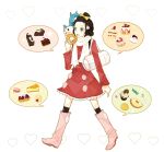  1girl alternate_costume bad_id bag black_hair boots bow brown_hair cake candy coat cream_puff cupcake doughnut eating food green_eyes hair_bow heart hikari_(pokemon) hikari_(pokemon)_(remake) holding knee_boots kneehighs macaron open_mouth pachirisu pastry pie pokemon pokemon_(creature) scarf shikanaka short_hair spoken_food tart_(food) thigh-highs thighhighs walking zettai_ryouiki 