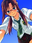  blush brown_hair evangelion:_2.0_you_can_(not)_advance from_below glasses highres long_hair looking_down makinami_mari_illustrious necktie neon_genesis_evangelion rebuild_of_evangelion red-framed_glasses school_uniform simple_background solo twintails yuuki_keisuke 