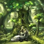  bad_id bird blonde_hair chibi_(artist) chibi_(shimon) couple dress elf forest nature pointy_ears tree 