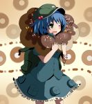  ayase08 backpack bag blue_hair doughnut food green_eyes hat kawashiro_nitori key pun2 short_hair solo touhou twintails wink 