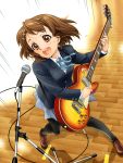  brown_eyes brown_hair flying_sweatdrops guitar hair_ornament hairclip highres hirasawa_yui instrument k-on! les_paul mami_akira microphone microphone_stand open_mouth pantyhose school_uniform short_hair solo sweat 