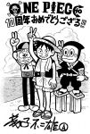  black_hair crossover fujio_a_fujiko hat hattori_kanzou kaibutsu-kun kaibutsu_tarou monkey_d_luffy monochrome ninja_hattori-kun one_piece parody sandals short_hair straw_hat 