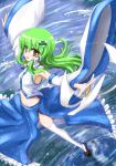  detached_sleeves eatbara green_hair kochiya_sanae long_hair midriff outstretched_arms solo spread_arms thigh-highs thighhighs touhou water zettai_ryouiki 
