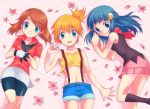  blue_eyes blue_hair brown_hair cubexcube flower gym_leader haruka_(pokemon) hikari_(pokemon) kasumi_(pokemon) long_hair midriff multiple_girls orange_hair petals pokemon pokemon_(anime) short_hair shorts side_ponytail skirt smile suspenders 