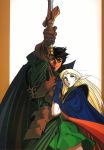  blonde_hair cape circlet couple deedlit elf gloves highres long_hair official_art parn pointy_ears protect record_of_lodoss_war sword weapon 