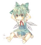  alternate_hairstyle angry bad_id barefoot child cirno feet ponytail simple_background touhou 