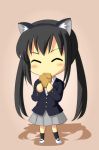  animated animated_gif black_hair blush cat_ears chibi eating food gif k-on! kankurou long_hair lowres nakano_azusa school_uniform shoes simple_background skirt solo taiyaki twintails uwabaki wagashi 