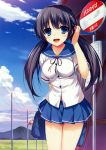  1girl :d absurdres black_hair blue_eyes blue_sky hair_ornament hair_tucking hairclip highres keychain long_hair open_mouth pleated_skirt sailor_collar scan school_uniform skirt sky smile solo tomose_shunsaku train_station twintails 