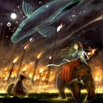  bad_id bear chibi_(artist) chibi_(shimon) fire fish japanese_clothes long_hair lowres miko moon night surreal torch water whale 