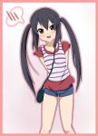  between_breasts black_hair border brown_eyes casual denim denim_shorts face ikari_manatsu k-on! long_hair nakano_azusa payot purse shorts solo spoken_blush strap_cleavage striped twintails 