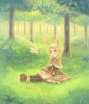  animal_ears bird blonde_hair book braid bunny_ears forest inase nature rabbit_ears red_eyes sitting tree twin_braids 
