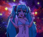  1girl blue_hair galaxy hatsune_miku solo stars striped_bikini twin_tails vocaloid 
