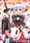  1girl :d animal_ears black_legwear blush breasts crossover geta hat heavy_breathing highres inubashiri_momiji japanese_clothes kantarou_(nurumayutei) knee_up kourindou_tengu_costume large_breasts league_of_legends licking long_sleeves looking_at_viewer nengajou new_year obi open_mouth pelvic_curtain pom_pom_(clothes) poro_(league_of_legends) red_eyes sash short_hair smile spread_legs sword tail tengu-geta thigh-highs tokin_hat touhou turtleneck weapon white_hair wide_sleeves wolf_ears wolf_tail 