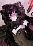  1girl black_hair bonnet bow covered_navel detached_sleeves dress glowing glowing_eyes gothic_lolita horns isolated_island_hime kantai_collection kinnotama_(erokosei) lolita_fashion long_hair looking_at_viewer parted_lips red_eyes shinkaisei-kan small_breasts solo very_long_hair 