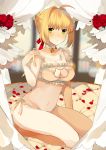  1girl absurdres ahoge bangs bare_shoulders bed bed_sheet blonde_hair blurry_background blush bra breasts cat_cutout cleavage cleavage_cutout collarbone eyebrows eyebrows_visible_through_hair fate/stay_night fate_(series) flower frilled_bra frills green_eyes hair_intakes hair_ribbon highres midriff navel on_bed owl-pudding panties petals red_ribbon red_rose ribbon rose rose_petals saber seiza short_hair sitting solo stomach tareme underwear underwear_only white_bra white_panties 