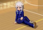  1girl ahoge alternate_costume arm_support bad_anatomy blush braid crossed_legs hand_on_own_thigh izayoi_sakuya jiwieru maid_headdress shoes silver_hair smile sneakers solo touhou track_suit twin_braids wooden_floor 