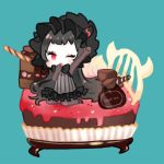  1girl cake chibi food gothic_lolita hairband highres isolated_island_oni kantai_collection kobone lolita_fashion lolita_hairband long_hair looking_at_viewer one_eye_closed red_eyes shinkaisei-kan sketch solo white_skin 