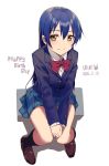  1girl blazer blue_hair bow highres huanxiang_heitu long_hair long_sleeves looking_at_viewer love_live!_school_idol_project school_uniform shirt sitting skirt smile solo sonoda_umi v_arms very_long_hair yellow_eyes 