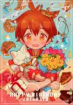  1boy ahoge blush bouquet brown_hair croissant crown dated eyebrows fingerless_gloves flower gift gloves happy_birthday open_mouth pie pop-up_story selim_spark solo stuffed_animal stuffed_cat stuffed_toy tomo10 wavy_mouth 