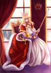  1girl alternate_costume artoria_(3001005) blonde_hair blue_eyes cape capelet chair cross crown curtains dress elbow_gloves fur-trimmed_cape glasses gloves highres hood_(zhan_jian_shao_nyu) long_dress long_hair looking_at_viewer red-framed_glasses red_cape scepter semi-rimless_glasses smile solo under-rim_glasses white_dress white_gloves zhan_jian_shao_nyu 