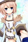 1girl bare_shoulders blanc blue_eyes blush brown_hair fur_trim haru_blanc0316 hat highres holding_hands looking_at_viewer neptune_(series) open_mouth short_hair solo 