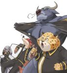    1girl 3boys :o alternate_costume bei_ju_luoxuan_wan benjamin_clawhauser black_jacket black_pants buffalo carrot cheetah chief_bogo clenched_hands closed_mouth cosplay disney doughnut facepalm food fox furry gaijin_4koma gintama hand_on_own_face heavy_breathing hijikata_toushirou hijikata_toushirou_(cosplay) holding_food jacket judy_hopps kondou_isao kondou_isao_(cosplay) leaning_back mouth_hold multiple_boys nick_wilde okita_sougo okita_sougo_(cosplay) open_mouth pants rabbit shinsengumi_(gintama) shirt simple_background sitting sleep_mask torn_clothes torn_shirt white_background yamazaki_sagaru yamazaki_sagaru_(cosplay) zootopia 