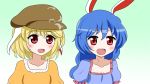  2girls :d animal_ears aqua_background blonde_hair blue_hair blush collarbone flat_cap gradient gradient_background hat jiwieru long_hair looking_at_viewer low-tied_long_hair multiple_girls open_mouth puffy_short_sleeves puffy_sleeves rabbit_ears red_eyes ringo_(touhou) seiran_(touhou) short_sleeves smile touhou upper_body 