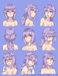  1girl blush breasts evuoaniramu expression_chart female_admiral_(kantai_collection) gloves kantai_collection large_breasts lavender_hair long_hair looking_at_viewer multiple_views open_mouth playing_with_own_hair ponytail shaded_face smile solo surprised violet_eyes 