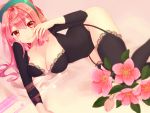  1girl blush breasts cleavage garter_belt garter_straps hacka_doll hacka_doll_2 hitaki_yuu large_breasts lingerie long_hair looking_at_viewer panties pink_eyes pink_hair smile solo thigh-highs underwear 