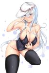  1girl alternate_breast_size bare_shoulders black_legwear blue_eyes blue_hair breasts cleavage hibiki_(kantai_collection) highres kantai_collection large_breasts long_hair looking_at_viewer seiza simple_background sitting solo thigh-highs untsue verniy_(kantai_collection) very_long_hair white_background 