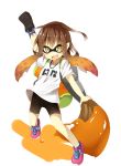  1girl bike_shorts brown_hair fang full_body hair_ornament ikazuchi_(kantai_collection) kantai_collection looking_at_viewer open_mouth satou_saya shoes smile solo splatoon white_background 