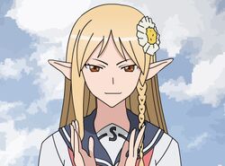  1girl animated animated_gif blonde_hair braid brown_eyes clapping drawfag elf flower hair_flower long_hair lowres neon_genesis_evangelion parody pointy_ears sako_rk_95_(upotte!!) school_uniform sky smile solo source_request upotte!! 