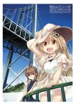  2girls bridge hat highres multiple_girls nanaroku_(fortress76) open_mouth original scenery smile tagme 