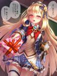  1girl blonde_hair book box cagliostro_(granblue_fantasy) commentary_request gift gift_box giving granblue_fantasy grey_eyes hairband half-closed_eyes holding long_hair looking_at_viewer plaid plaid_skirt pleated_skirt school_uniform skirt solo thigh-highs translation_request very_long_hair yapo_(croquis_side) zettai_ryouiki 