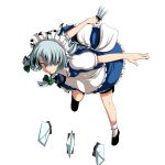  1girl apron blue_eyes bow braid foreshortening green_bow hair_bow izayoi_sakuya knife leaning_forward looking_at_viewer maid maid_headdress pirorun puffy_short_sleeves puffy_sleeves short_hair short_sleeves silver_hair solo touhou twin_braids waist_apron white_background 